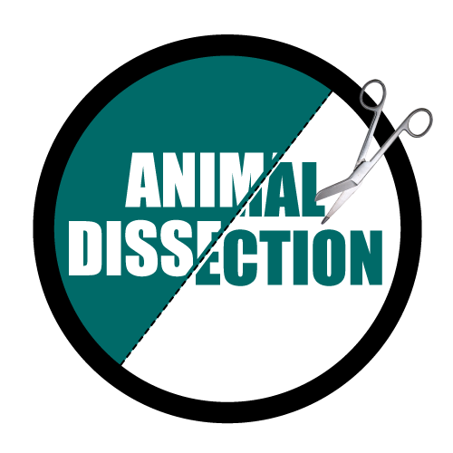 Circle logo with a blue and white background being cut by a scissor for Animal Dissection - program