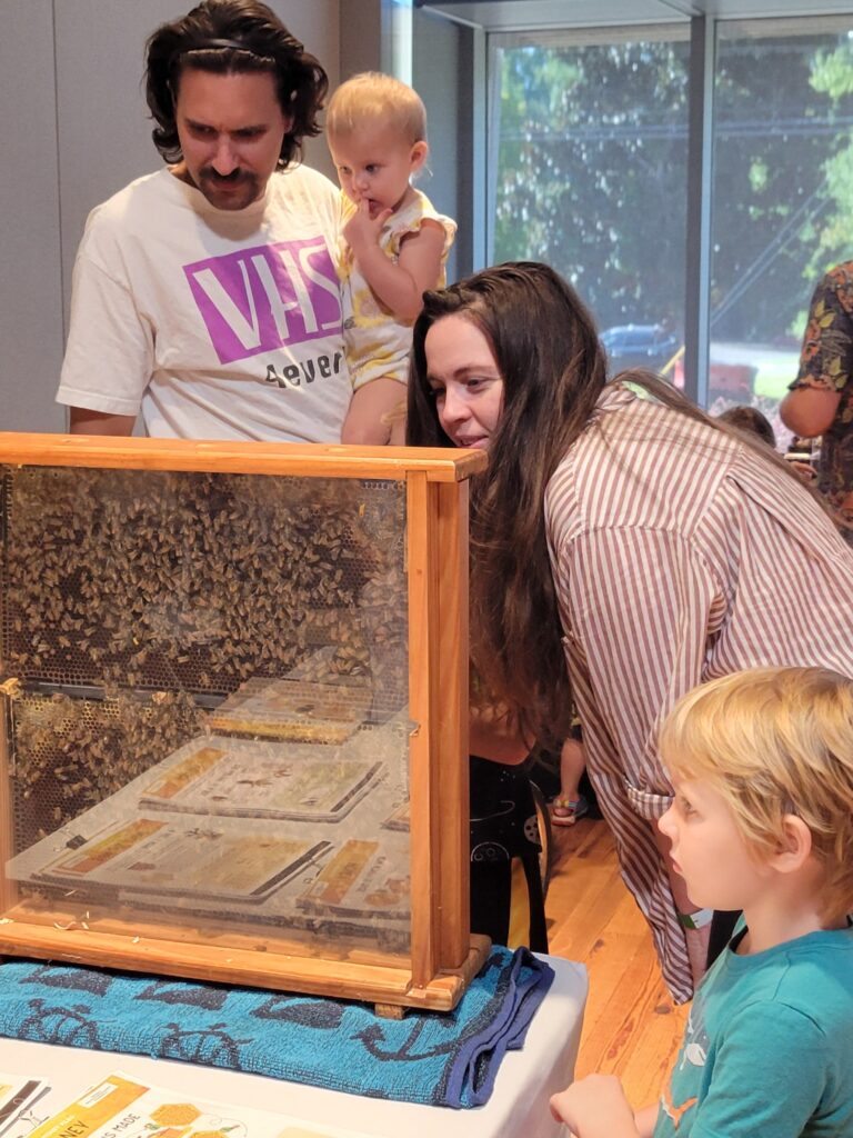 A family peers into a window housing an active beehive