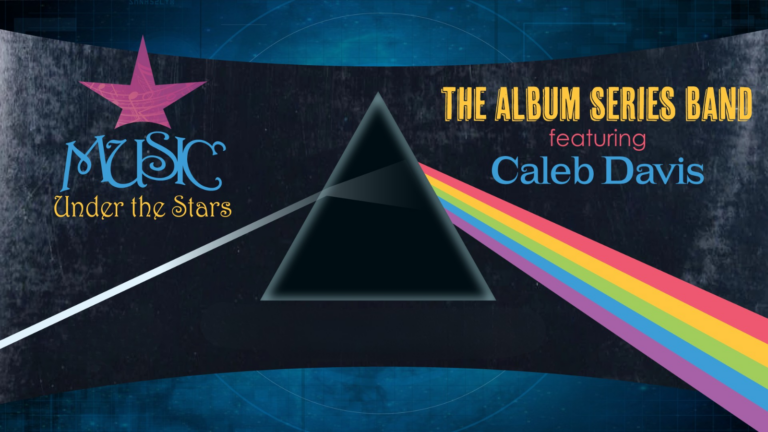 Logo for Music Under the Stars: Dark Side of the Moon featuring a triangle refracting a white light into a rainbow