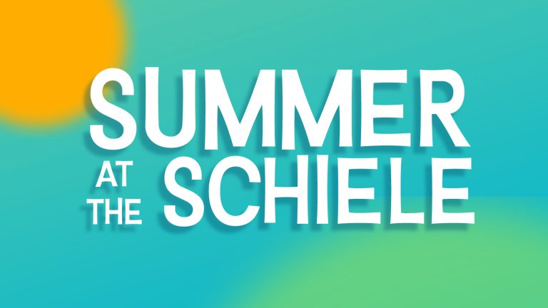 Summer at The Schiele logo with blue background and sun set behind letters