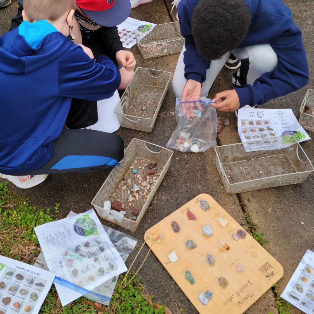 Kids trying to identify the gemstones they mined