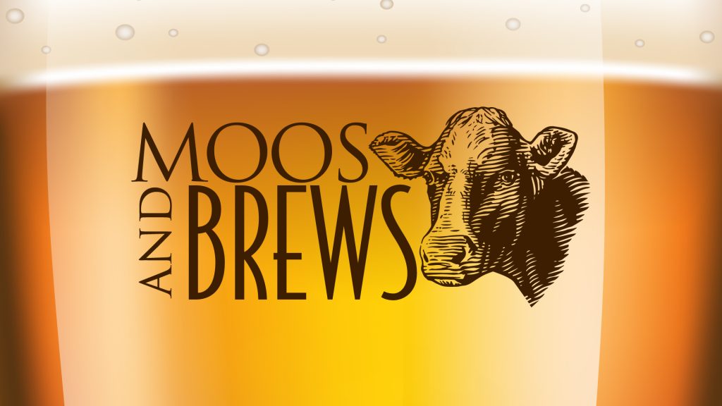 A glass full of beer that has the inscription of the event title,'Moos and Brews' with a cow beside it