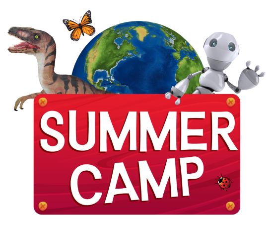 Logo of Summer Camp 2025 featuring earth, dinosaur, and robot