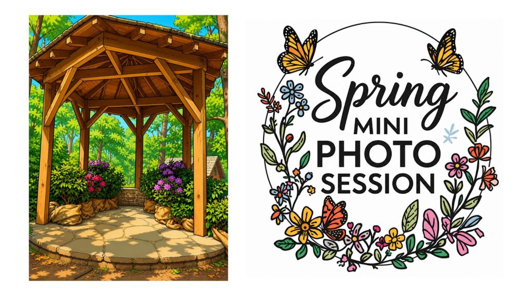 Spring Mini Photo Sessions logo and photo of flower-filled gazebo