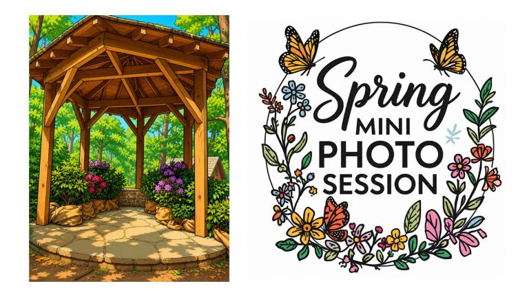Spring Mini Photo Sessions logo and photo of flower-filled gazebo