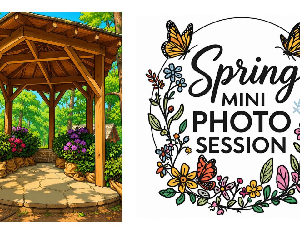 Spring Mini Photo Sessions logo and photo of flower-filled gazebo