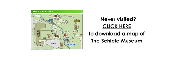 A map of the farm & nature trail with text saying "Never visited? CLICK HERE to download a map of The Schiele Museum.