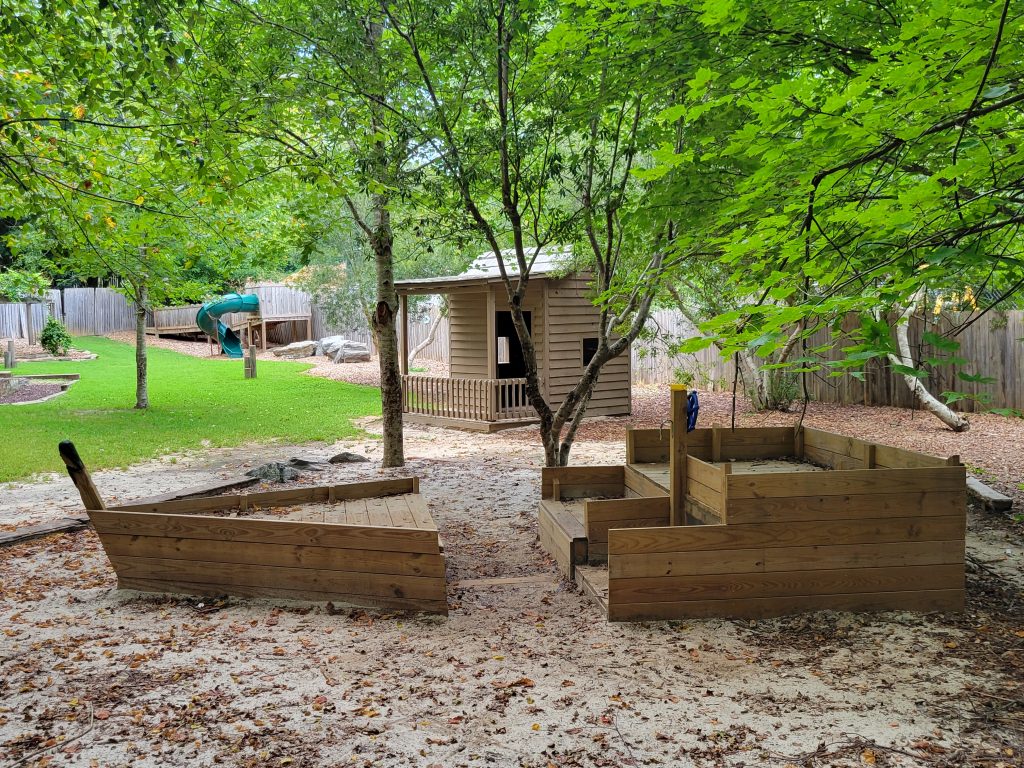 The wooden pirate ship of the playscape in the Nature Trail.