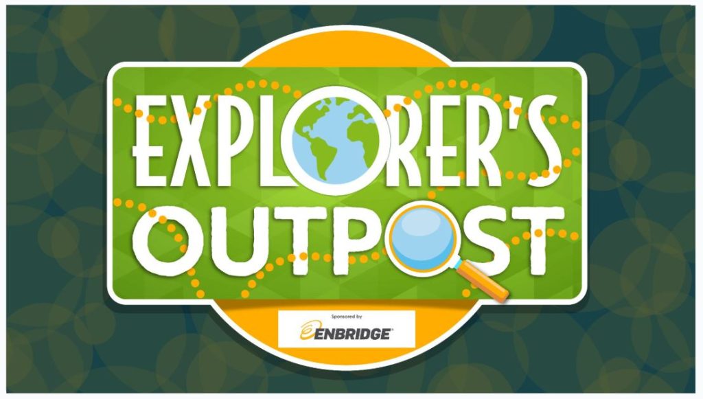 Explorer's Outpost is depicted graphically, with the "o" in Explorers shaped & filled in to look like the earth. The graphic depicts a green background with a dotted yellow trail to symbolize someone's journey. The "o" in -post is in the shape of a magnifying glass.
