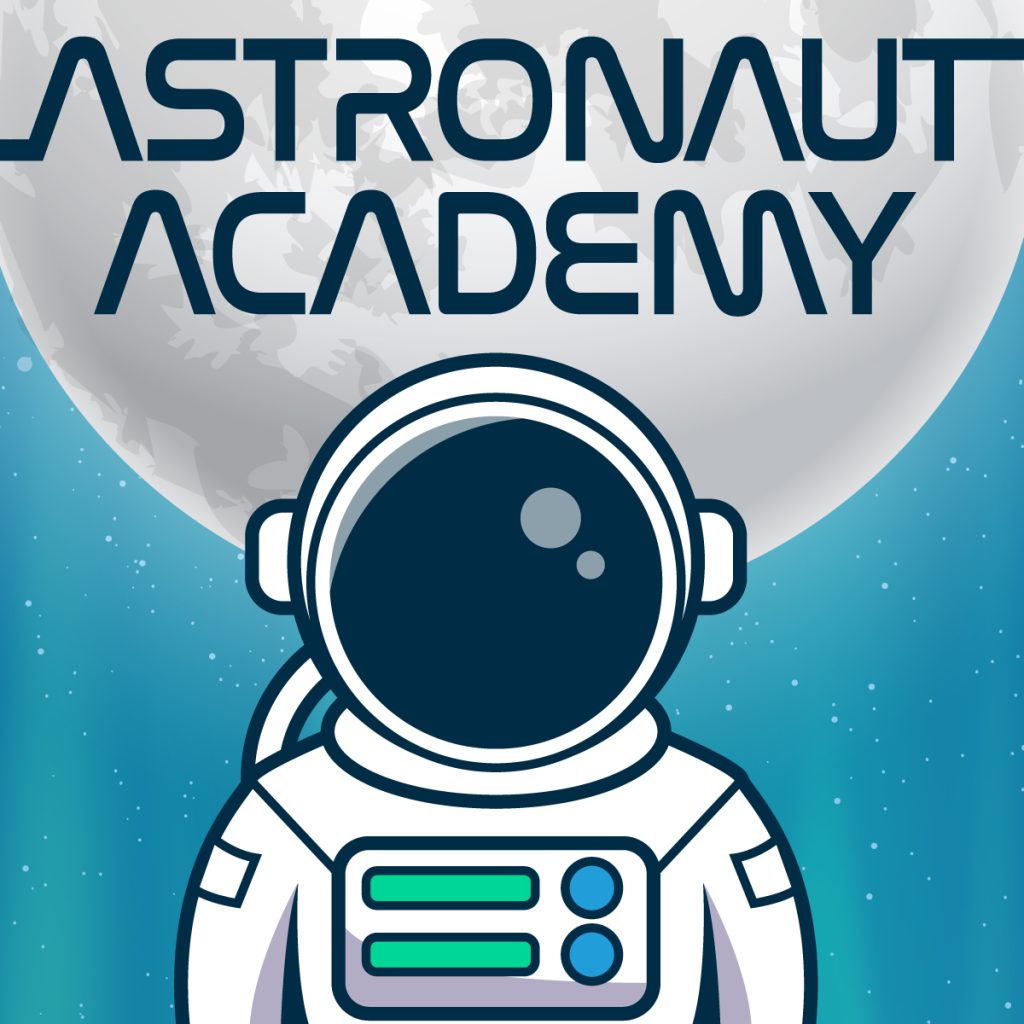 Astronaut Academy camp logo featuring an astronaut against a large backdrop of the moon