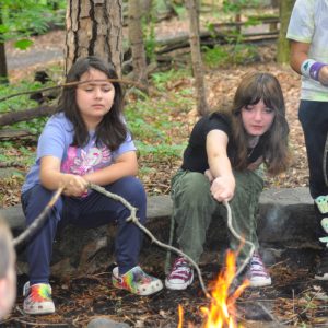 Two girls roast marshmallows over a fire.