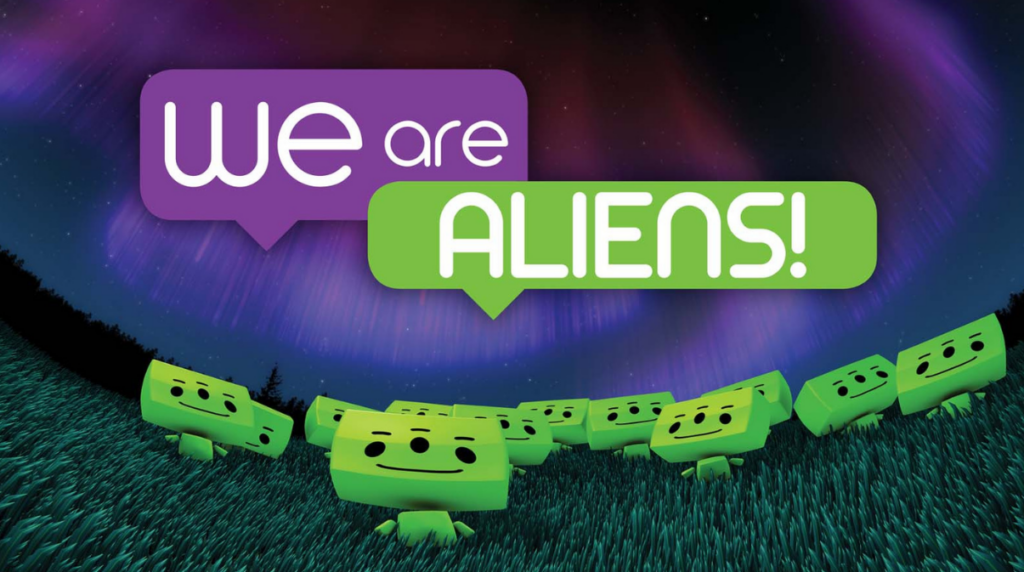 Logo for We are Aliens featuring little green 3-eyed creatures