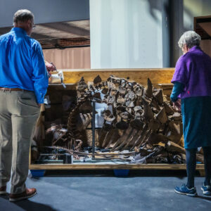 Tony Pasour and Ann Tippitt look at a box full of dinosaur parts