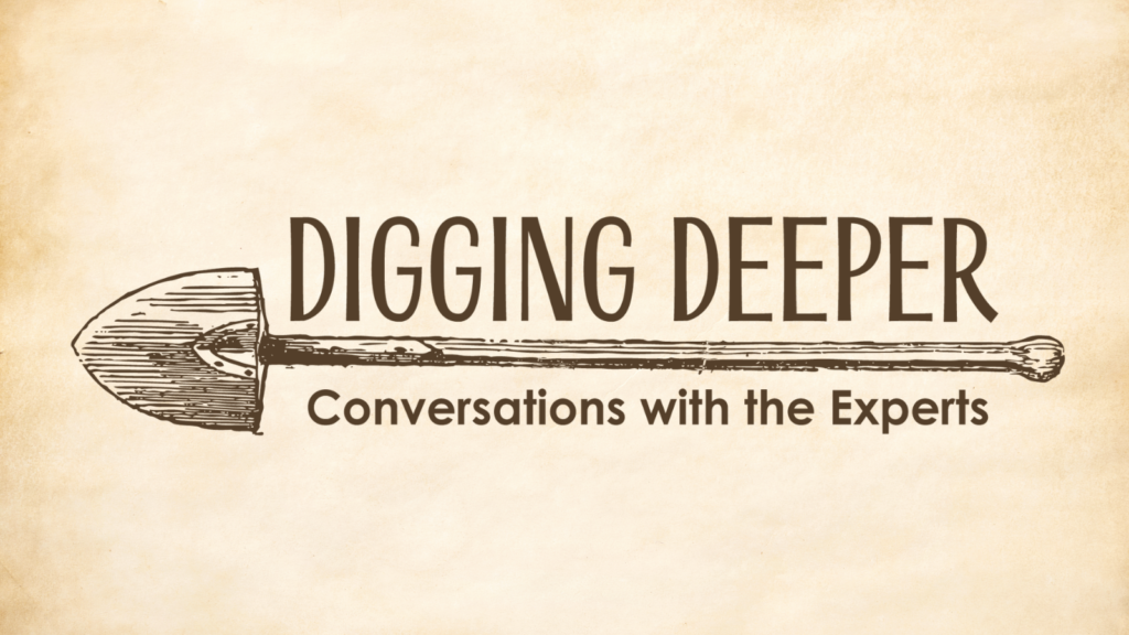 Digging Deeper logo featuring shovel