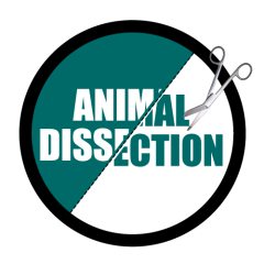 Circle logo with a blue and white background being cut by a scissor for Animal Dissection - program