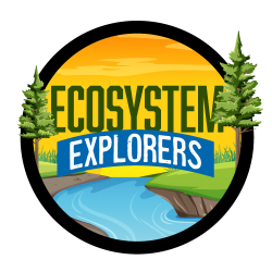 Circle logo with a river background and some trees for Ecosystem Explorers - program