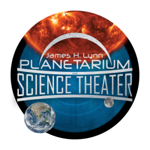 Circle logo with a blue background with a sun, moon, and Earth for Planetarium