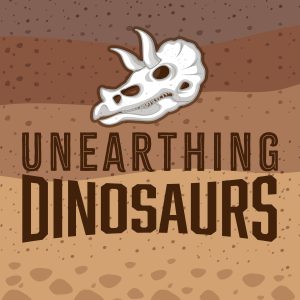 Unearthing Dinosaurs outreach logo featuring a skull on striated soil